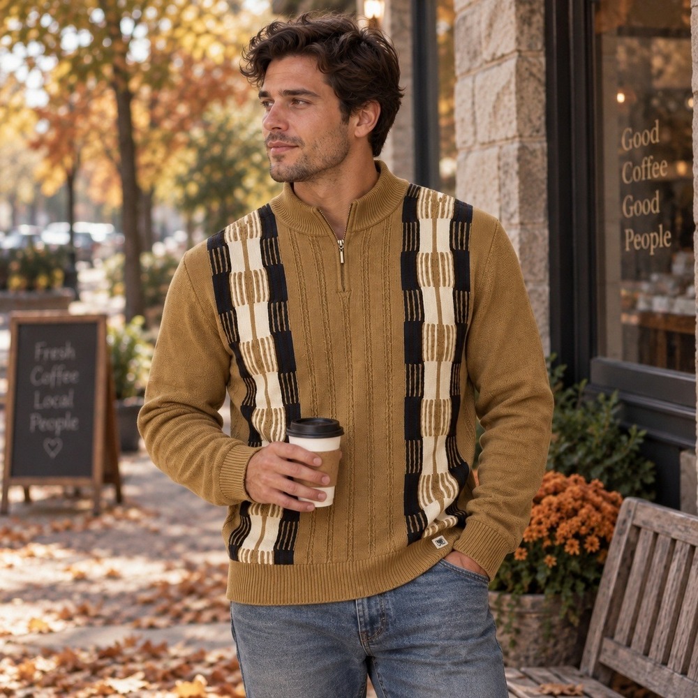 Stacy Adams Mens XL Quarter Zip Sweater Tan Geometric Knit Mock Neck Pullover